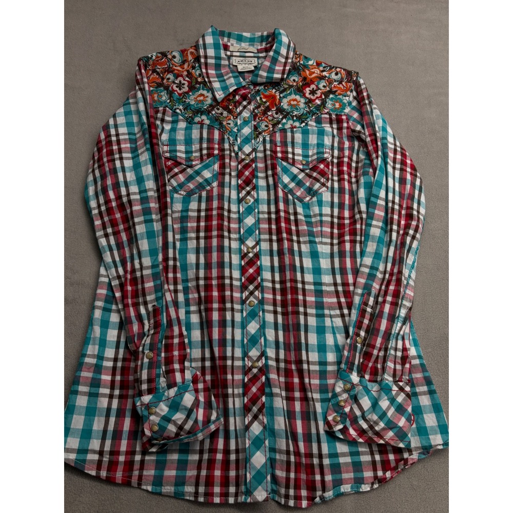 Ariat Womens Plaid Floral Embroidered Western Snap Shirt Teal Red Medium
